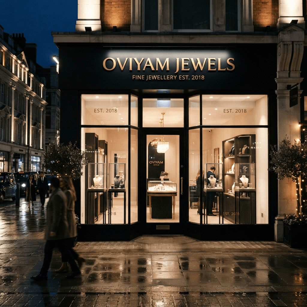Illuminated OVIYAM JEWELS storefront and jewellery displays at night