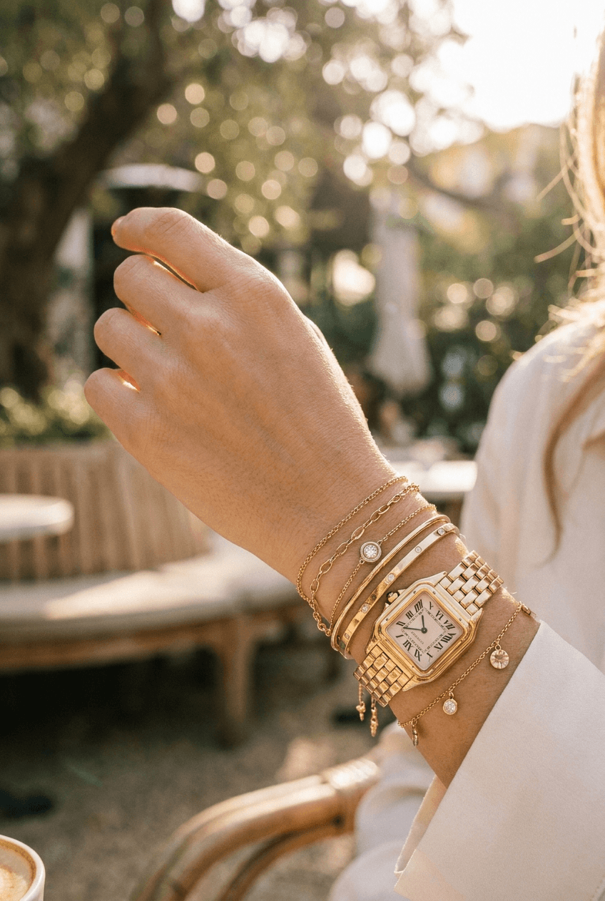 Delicate gold bracelets worn together