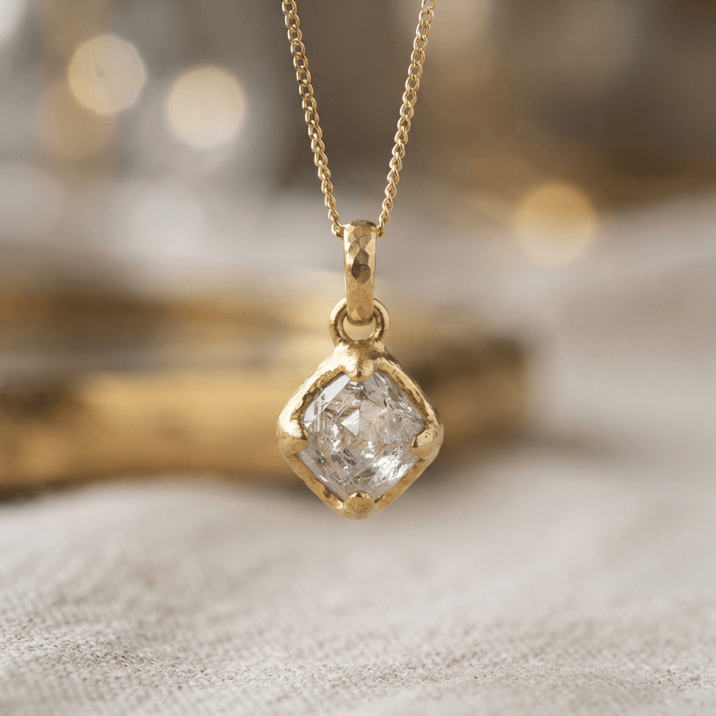 Modern sculptural gold pendant on marble