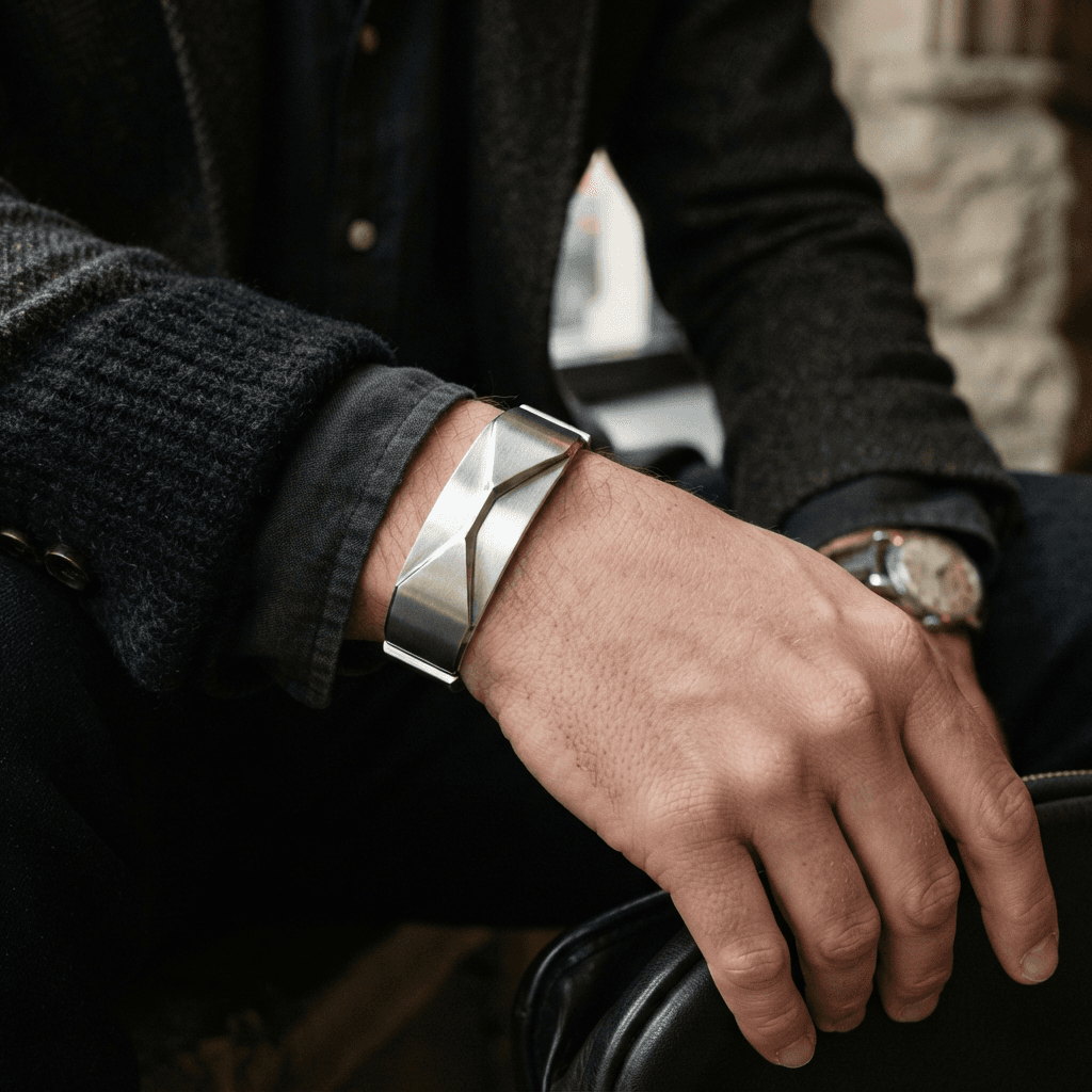 Modern architectural silver cuff