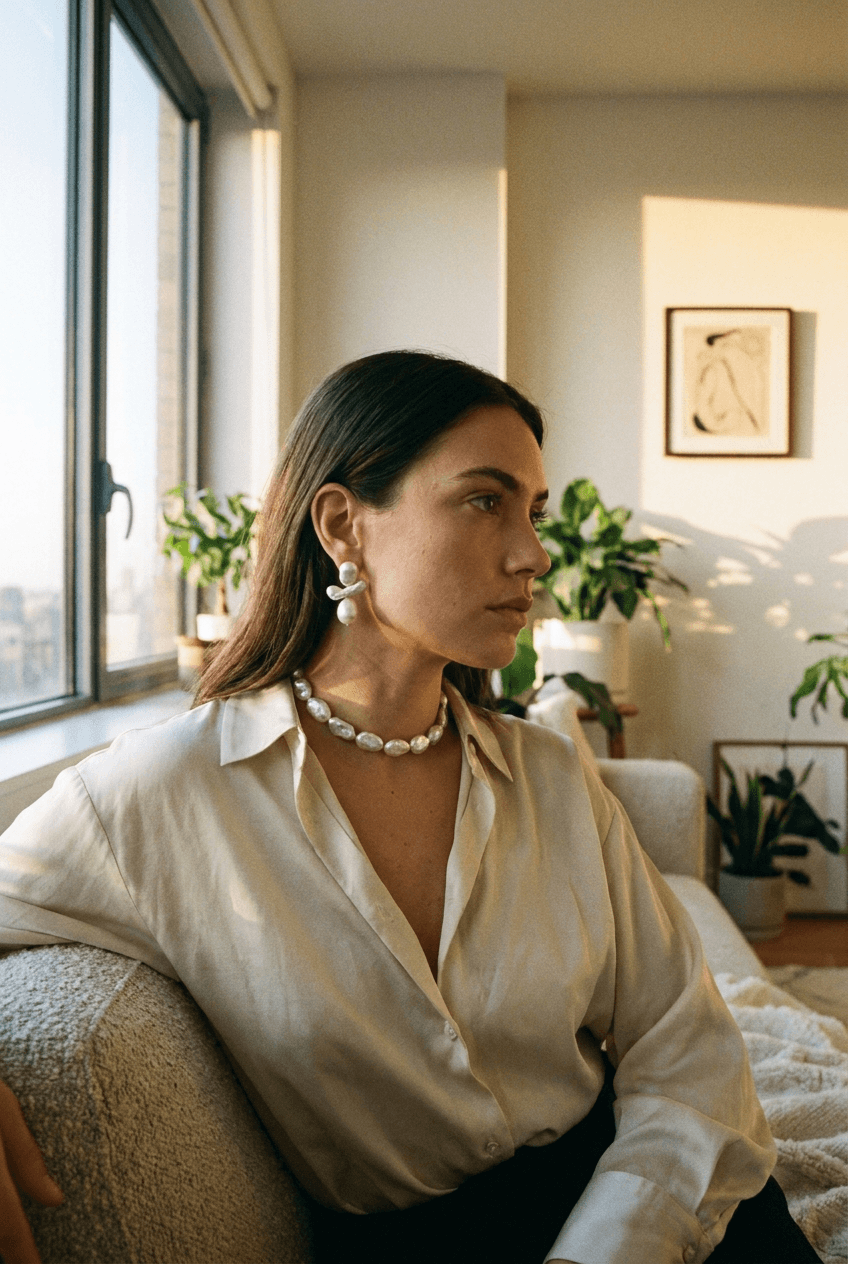 Woman wearing modern pearl earrings