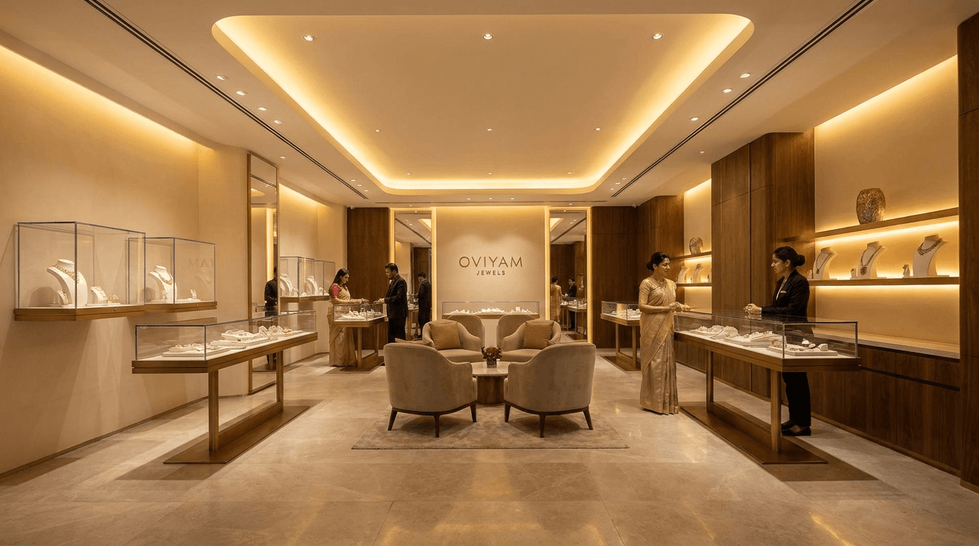 Warm contemporary OVIYAM JEWELS showroom interior